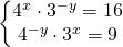 \left\{\begin{matrix} 4^{x}\cdot 3^{-y}=16\\ 4^{-y}\cdot 3^{x}=9 \end{matrix}\right