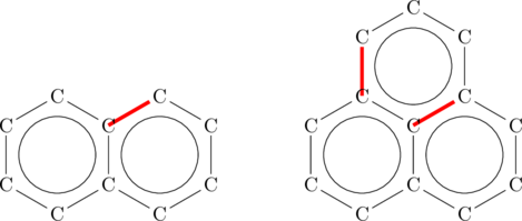\chemfig {C**6(-C-C(**6(-C-C-C-C-[,,,,red, line width=2]))-C-C-C-)} \qquad \qquad \chemfig {C**6(-C-C(**6(-C-C-C-C(**6(-C-C-C-[,,,,red, line width=2]))-[,,,,red, line width=2]))-C-C-C-)}
